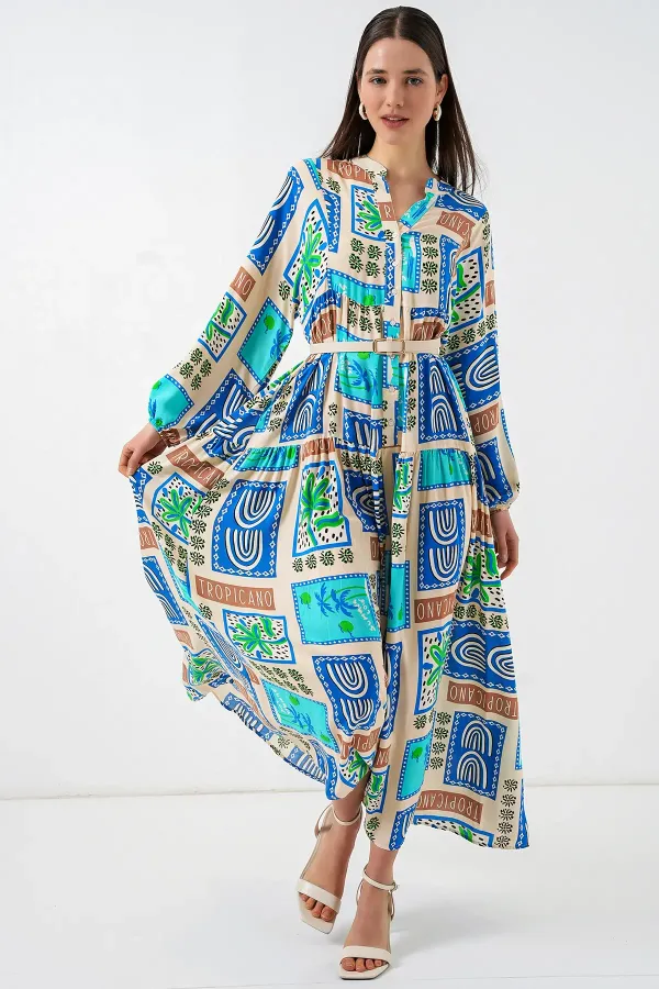 Women's Patterned Long Hijab Dress 2585 - A. Turquoise