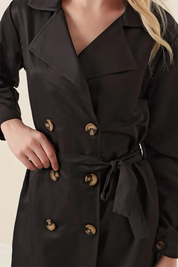 Trench-coat court noir à double boutonnage pour femme, non doublé, confortable et de saison, avec ceinture (HZL23S-BD158641)