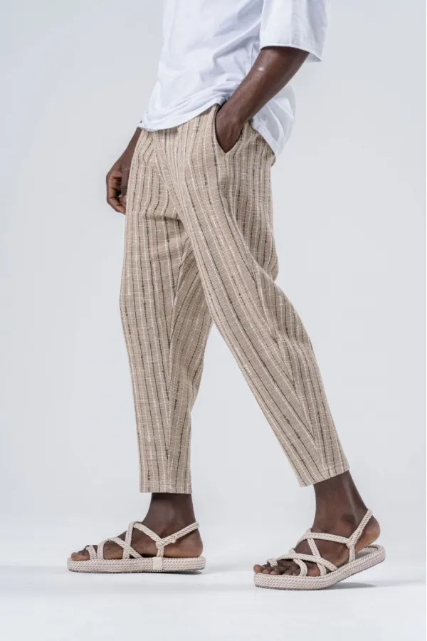 Pantalon de survêtement coupe droite à rayures camel pour homme, avec ceinture nouée à la taille, HZL24S-MXC8948-203