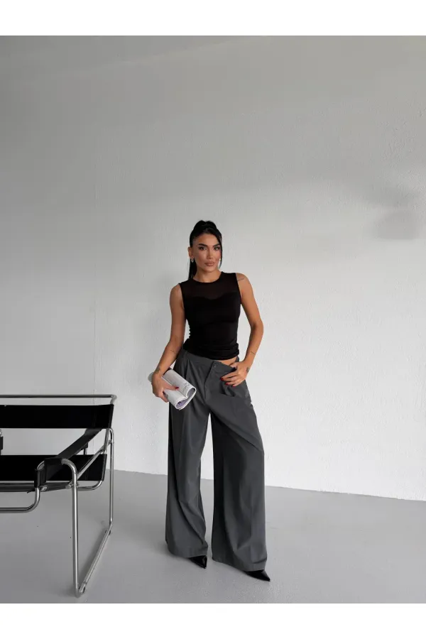 Kadın Siyah Kolsuz Likralı Tül Detay Sandy Bluz HZL26W-FRY123721