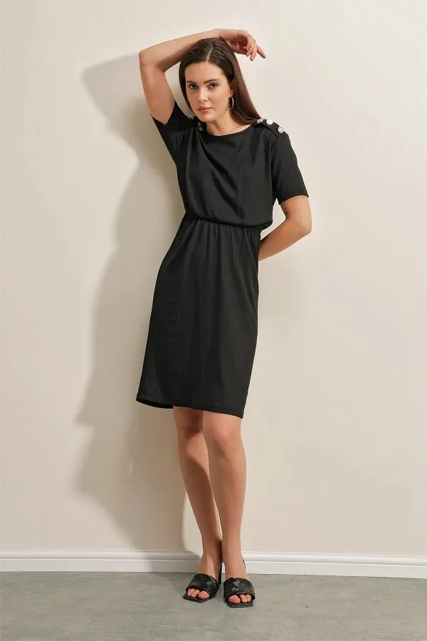 Women's Black Elastic Waist Button Detailed Casual Knitted Dress HZL22S-BD123751