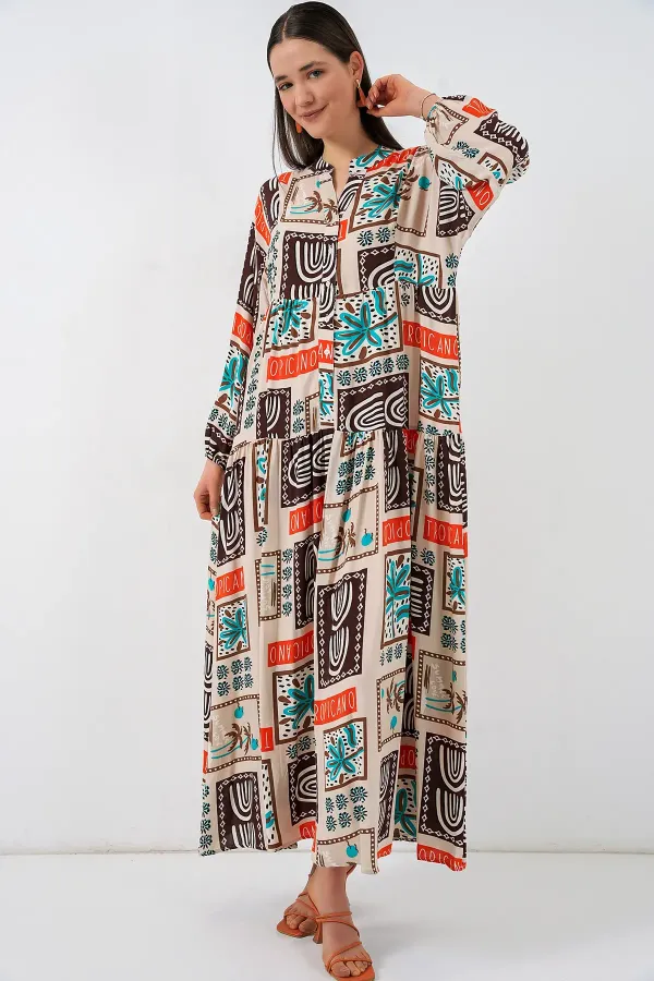 Kadın Desenli Uzun Tesettür Elbise 2585 - Koyu Kahve