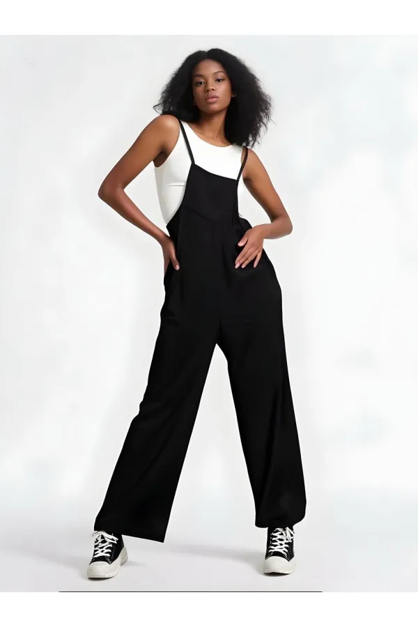 Kadın Siyah Ayarlanabilir Askılı Cepli Bol Paça Bahçıvan Tulum HZL22S-BD170191