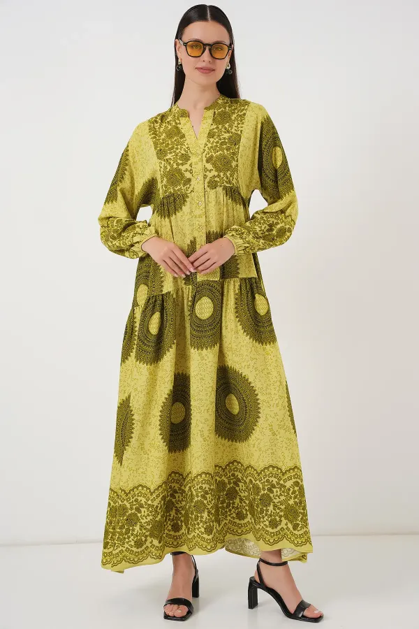 Robe hijab à motifs authentiques 2423 - Vert olive 2