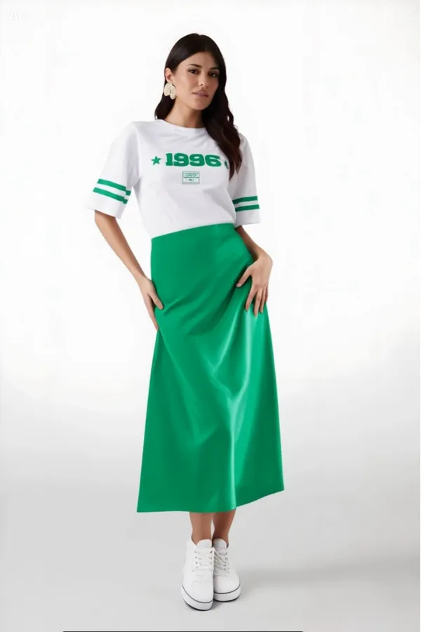 Women's Green Satin Surface Elastic Waist Midi Length Skirt Hzl23S-BD1101471
