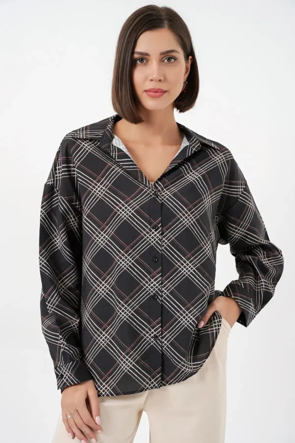 Women's Oversize Patterned Shirt 20372 - Black