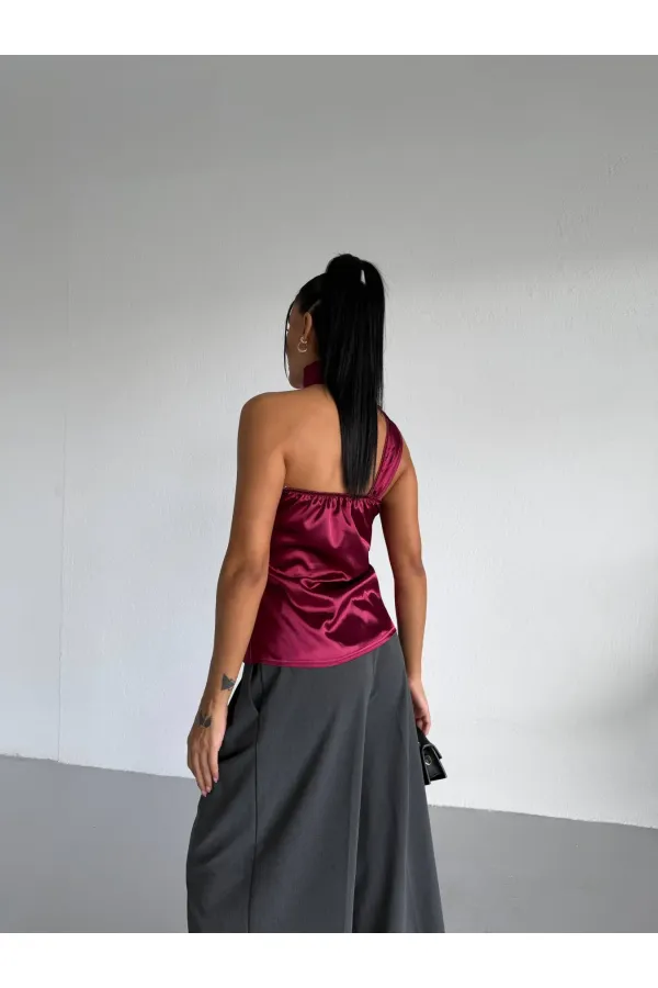 Women's Burgundy Satin Shawl Collar Asymmetrical Blouse with Tie Neckline HZL26W-FRY123731