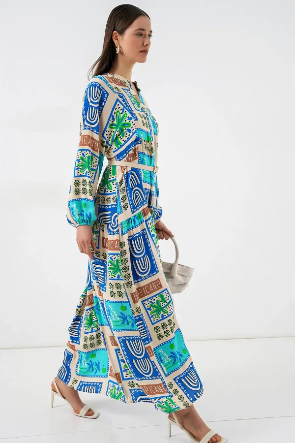 Women's Patterned Long Hijab Dress 2585 - A. Turquoise