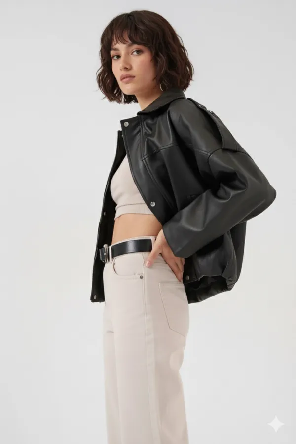 Kadın Siyah Oversize Fermuarlı ve Düğmeli Yandan Cepli Suni Deri Ceket HZL25W-BD110551