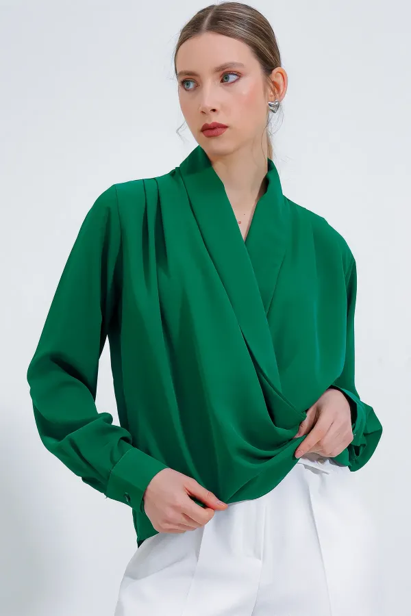 Chemisier drapé en satin vert émeraude pour femme, col cache-cœur, référence 0492