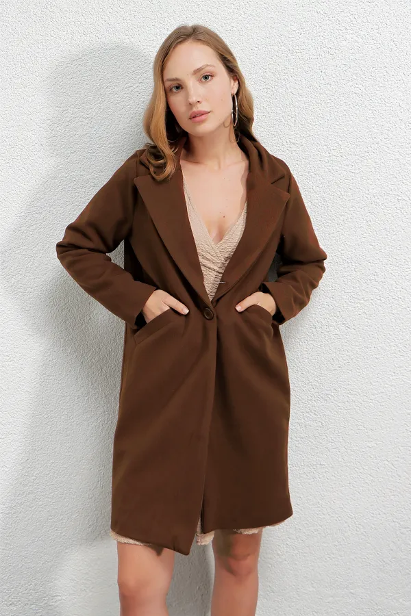 Manteau élégant en cachemire doublé, couleur chocolat, à un bouton et double poche, pour femme HZL23W-BD190851