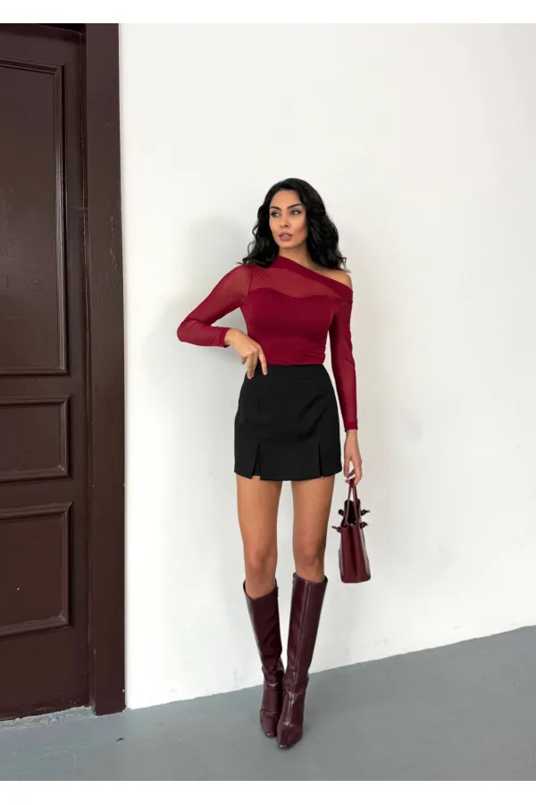 Kadın Bordo Tül Garnili Uzun Kol Şık Rahat Bluz HZL25W-FRY123541