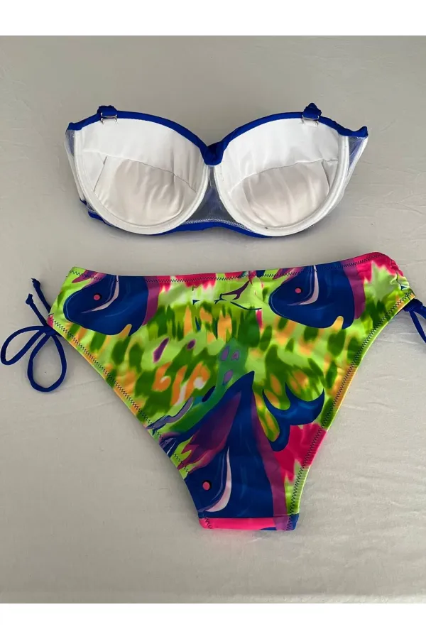 Kadın Saks Mavi Taş İşlemeli Astarlı Bikini Takım HZL25S-LC3334