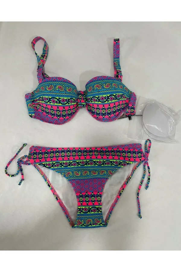 Kadın Fuşya Çok Renkli Etnik Desen Atarlı Bikini Takımı HZL25S-LC8004