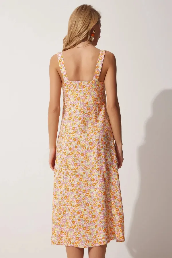 Kadın  Sarı Oranj Kare Yaka Çiçekli Yazlık Viskon Elbise HZL23S-BD122821