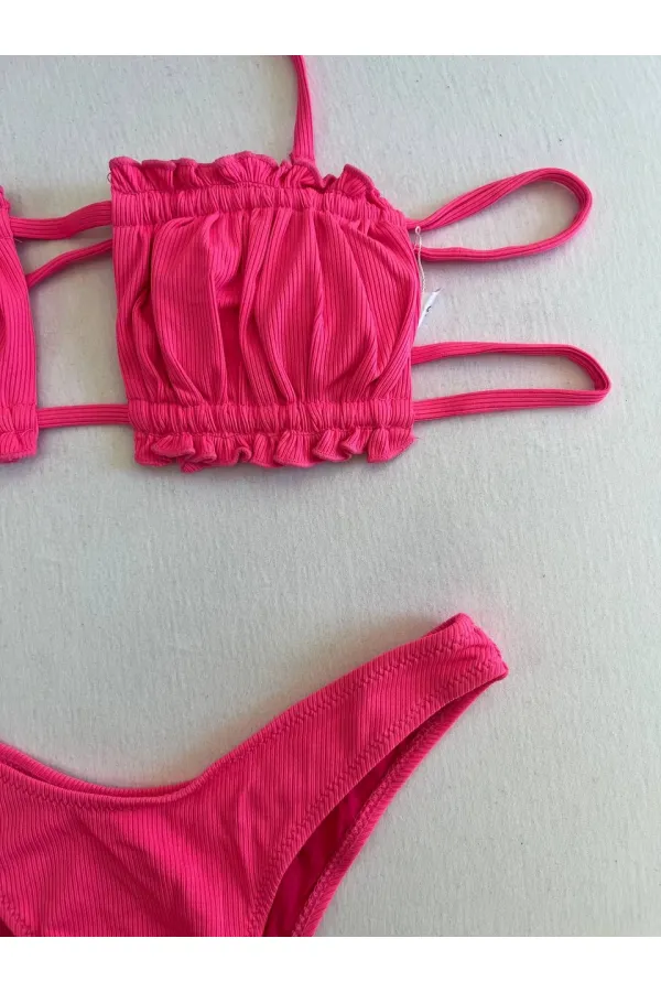 Kadın Pembe İp Bağlamalı Büzgülü Straplez Bikini Takım HZL25S-LC2226