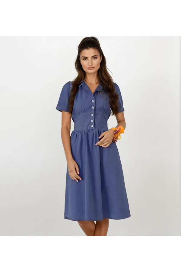 Women's Denim Short Sleeve Elastic Waist Half Buttoned Chest Dart Jeans Dress HZL22S-BD122101