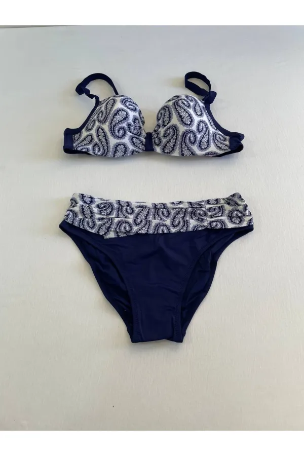Ensemble bikini femme bleu marine et blanc à motifs ethniques HZL25S-LC213