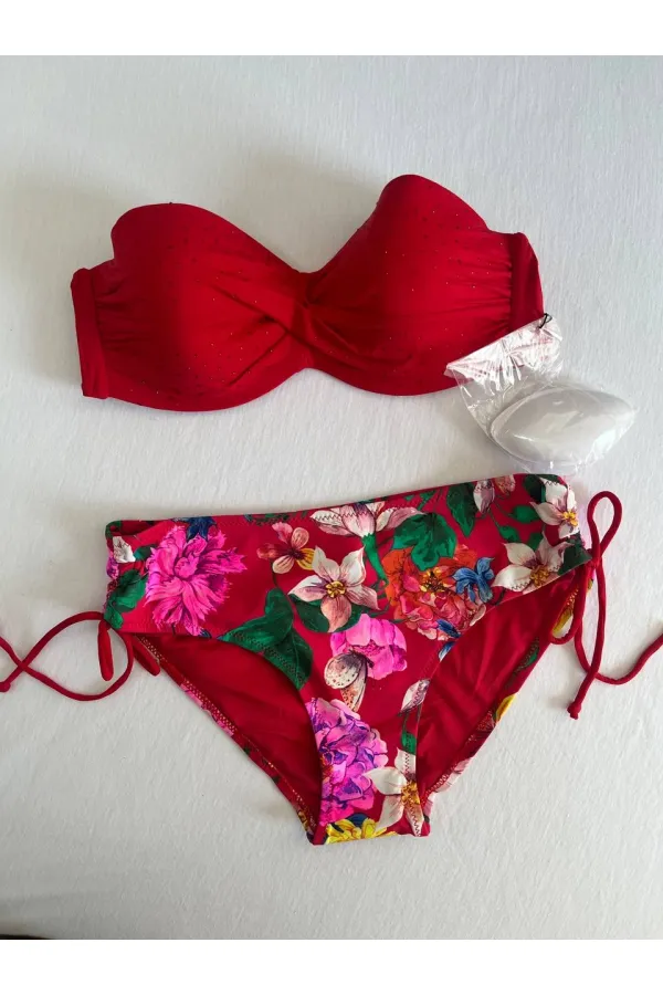 Women's Red Stone Embroidered Floral Patterned Bikini Set HZL25S-LC3368