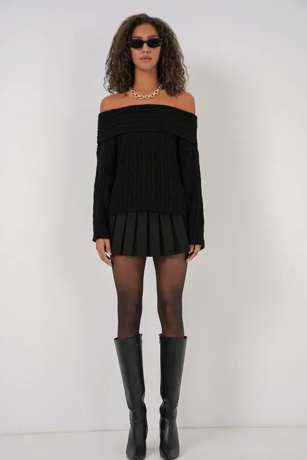 Pull oversize en maille à épaules dénudées pour femme (réf. 15908) - Noir