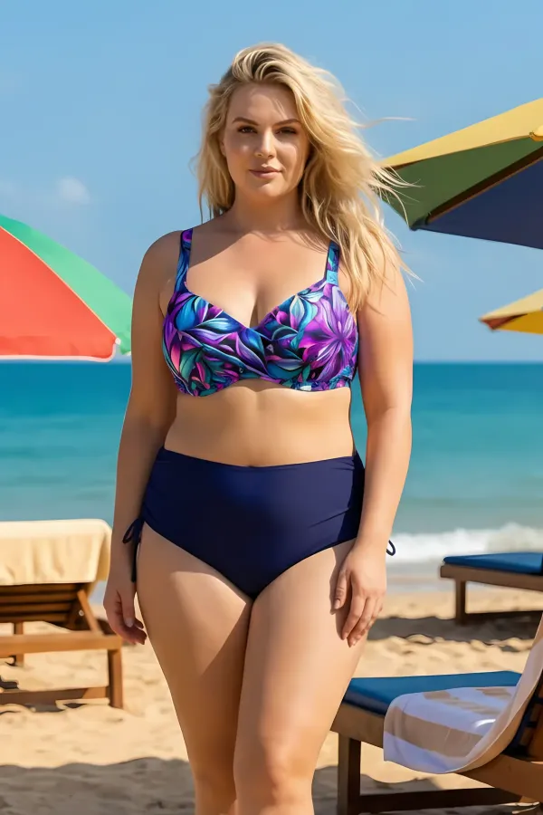 Ensemble bikini grande taille à armatures, à motifs violets, bleus et marine, gainant, HZL26S-LC2519
