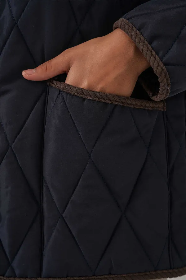 Manteau matelassé en velours bleu marine pour femme, avec fermeture à pression HZL25W-BD152261