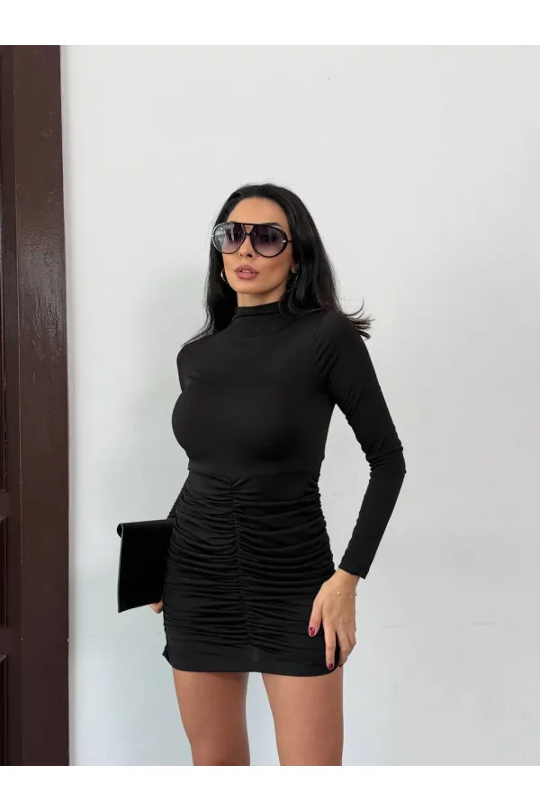 Women's Black Stretch Fabric Turtleneck Long Sleeve Drape Detail Mini Dress HZL25W-FRY123551