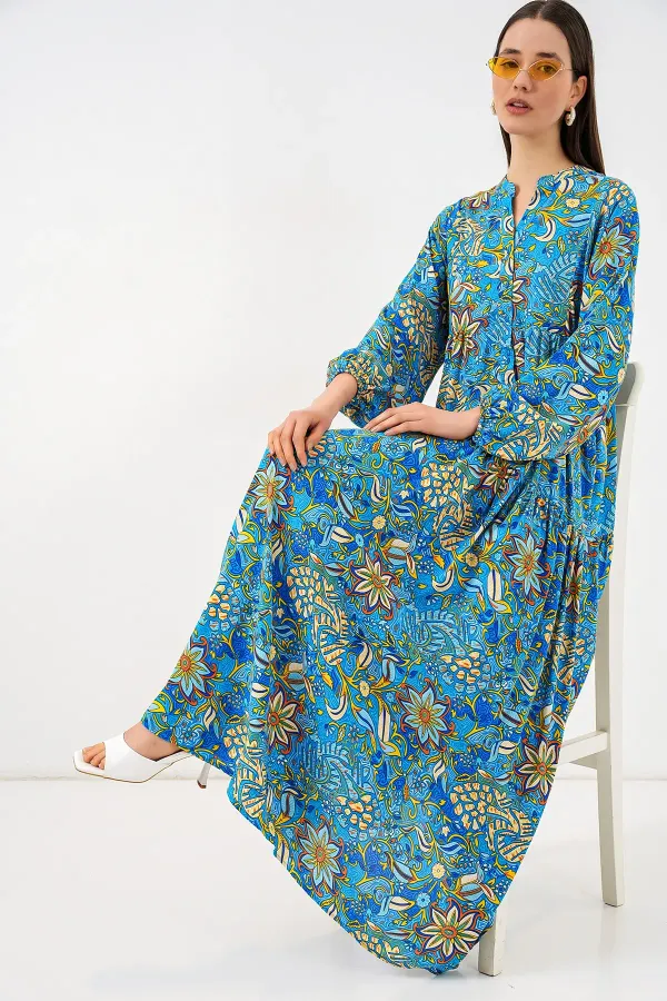 Kadın Desenli Uzun Tesettür Elbise 2585 - Turkuaz