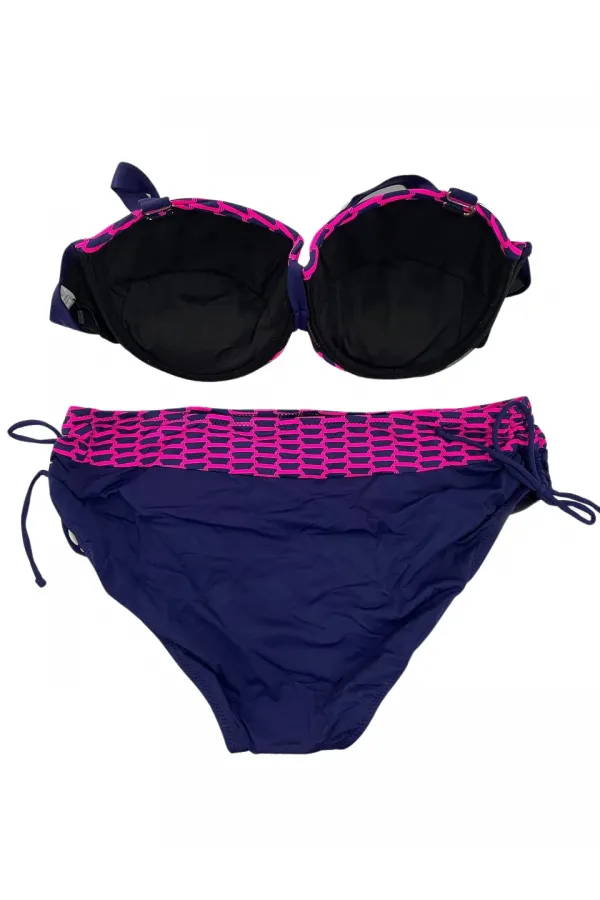 Kadın Fuşya Zincir Desenli Büyük Beden Astarlı Lacivert Bikini Takım HZL25S-LC3303