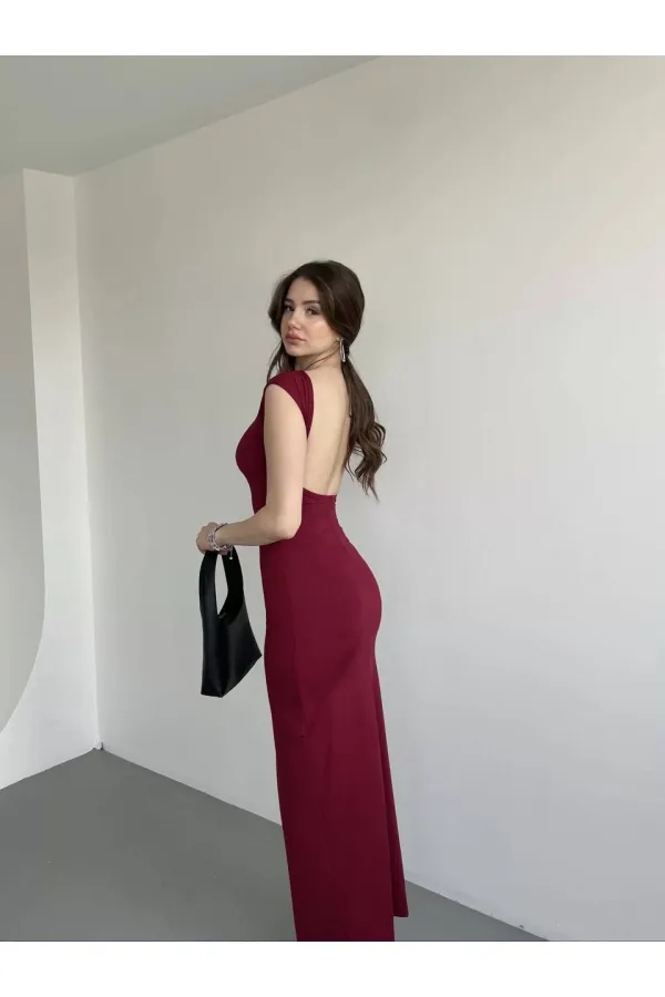 Kadın Bordo Sırt Dekolteli Yumuşak Dokulu Elbise HZL25S-ZK13321