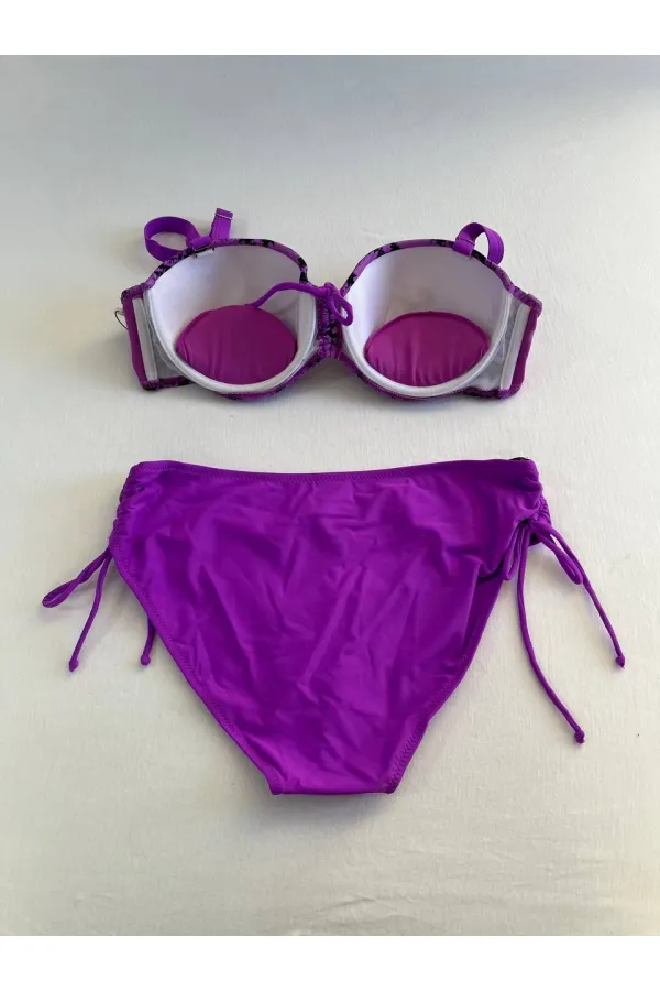 Kadın Lila Siyah Desenli Taş İşlemeli Toparlayıcı Bikini Takım HZL25S-LC3333