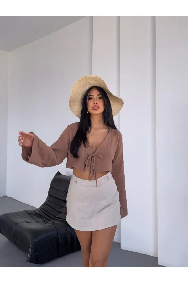Kadın Camel Önden Bağlamalı Müslin Kumaş Crop Bluz  HZL25S-DSB104071