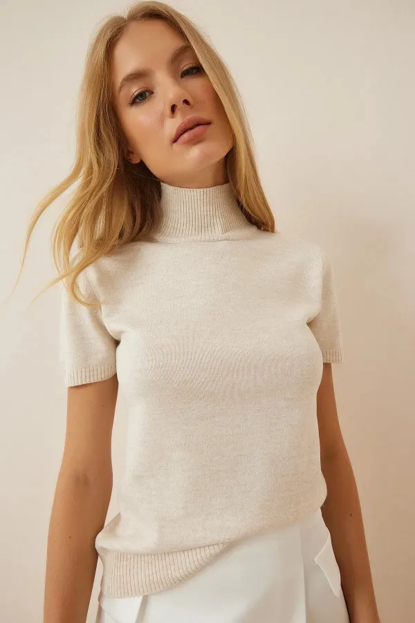 Pull col roulé à manches courtes crème pour femme HZL23W-BD1101051