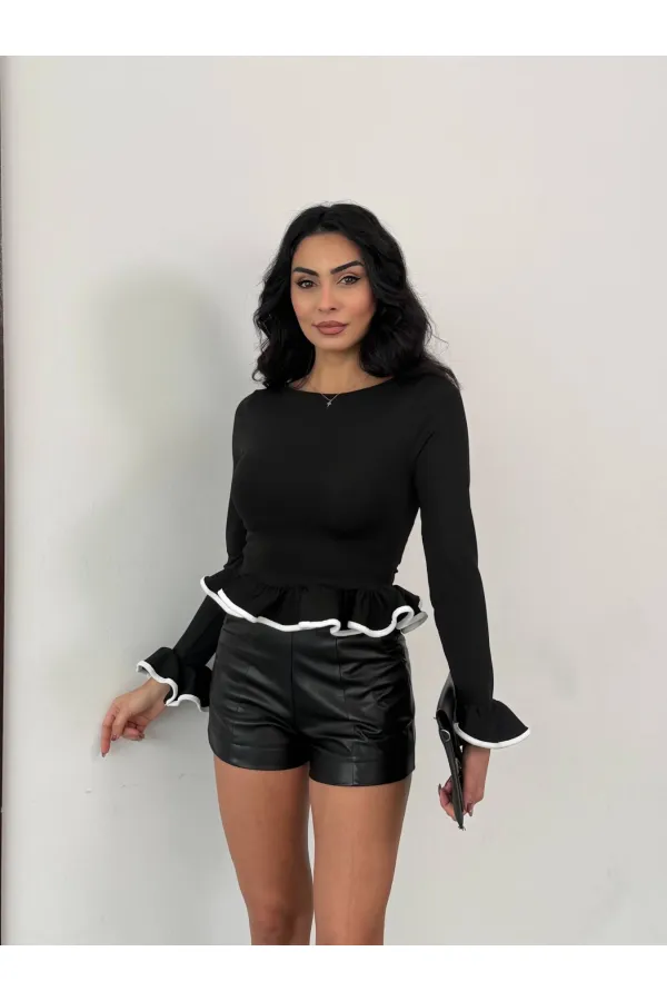 Kadın Siyah Uzun Kollu Volanlı ve Biyeli Dalgıç Kumaş Bluz HZL25W-FRY123651