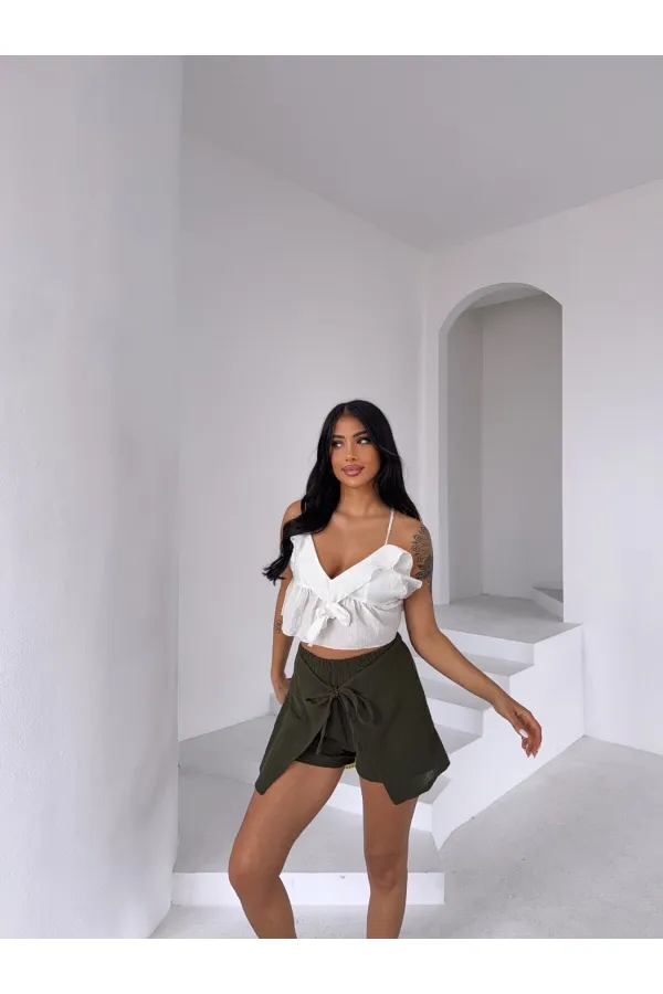 Kadın Haki Bağlama Detay Müslin Şort HZL25S-DSB2323