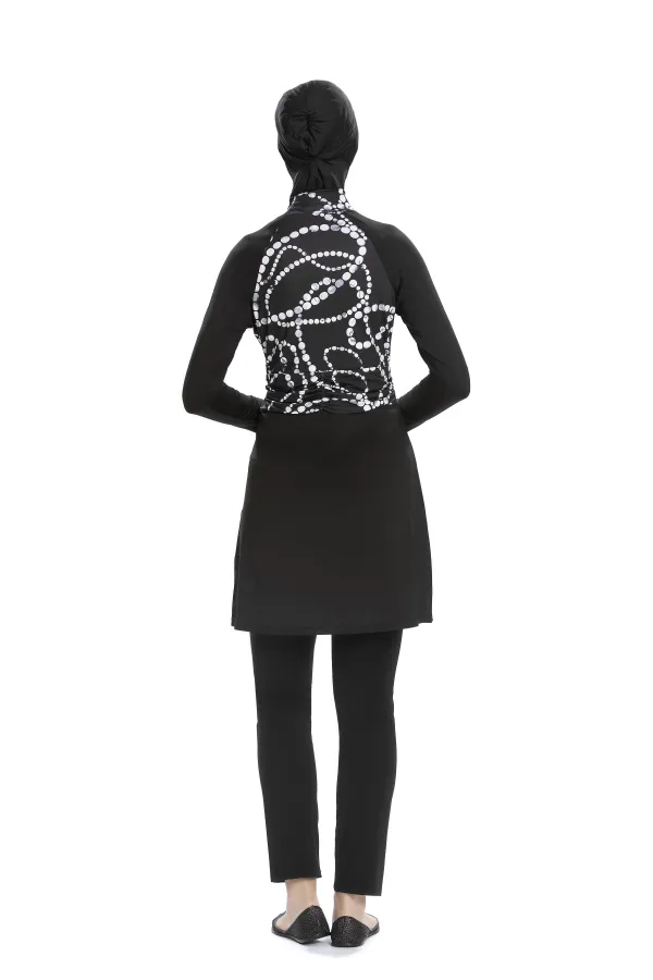 Kadın Siyah Beyaz Desenli Uzun Kollu Tam Kapalı Tesettür Mayo HZL25S-AR259/01