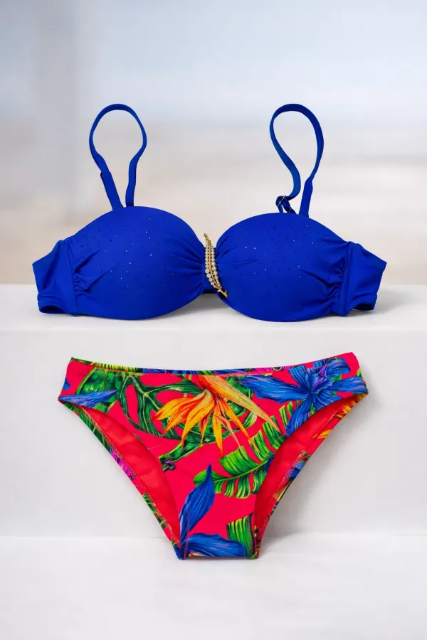 Kadın Saks Mavi Taş İşlemeli Toka Aksesuarlı Astarlı Bikini Takım HZL25S-LC208