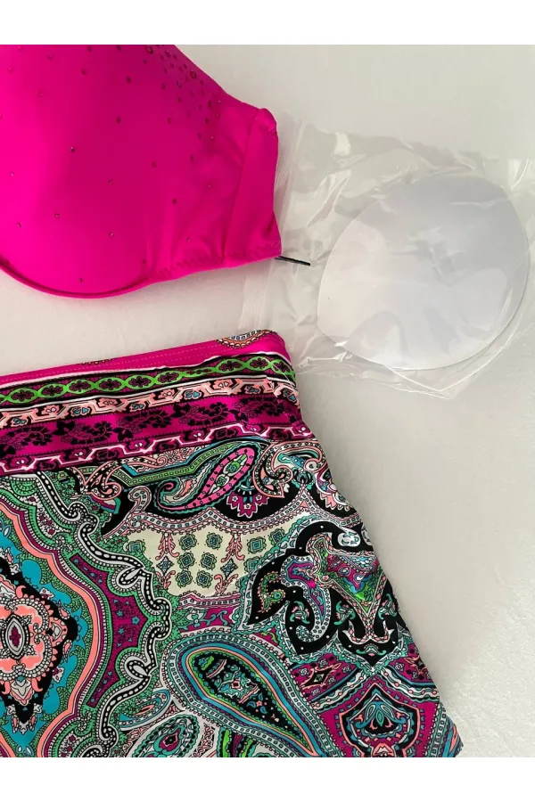 Kadın Fuşya Taş İşlemeli Desenli 3 Parça Bikini Takım HZL25S-LC3326