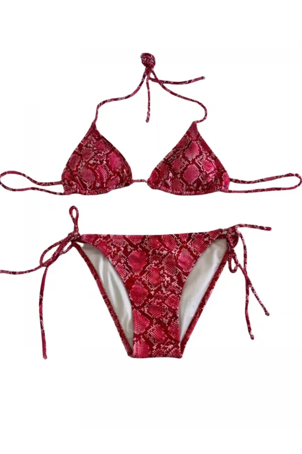Kadın Kırmızı Yılan Derisi Desen Boyundan İp Bağlamalı Üçgen Bikini Takımı HZL25S-LC5005