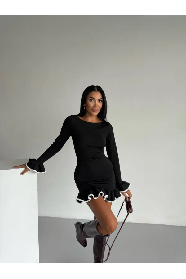 Kadın Siyah Uzun Kollu Volanlı ve Biyeli Dalgıç Kumaş Mini Elbise HZL25W-FRY123401