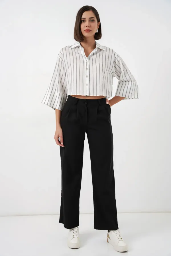 Chemise courte rayée oversize pour femme 20326 - B. Blanc