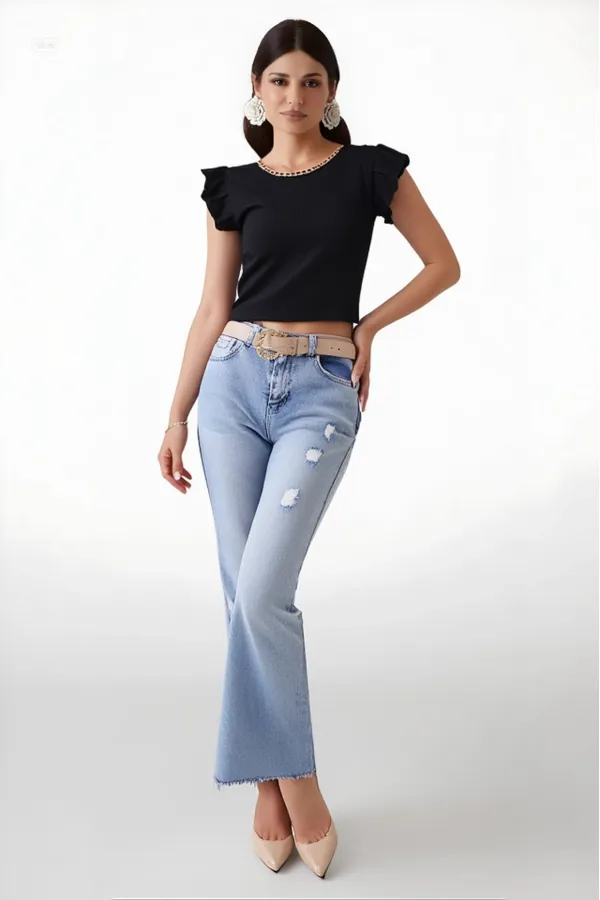 Kadın Siyah Fırfır Kollu Zincir Kolyeli Örme Bluz HZL22S-BD104301