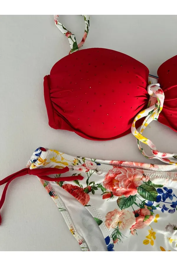 Kadın Kırmızı Taş İşlemeli Astarlı Bikini Takım HZL25S-LC208