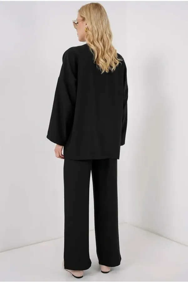 Kadın Siyah Keten Bağlama Detaylı Kimono Pantolon İkili Takım HZL26S-BD167271