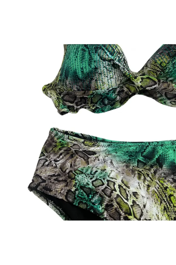 Women's Green Leopard Patterned Lined Plus Size Bikini Set HZL25S-LC25006