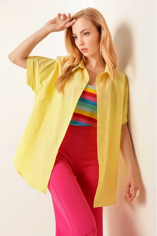 Kadın Sarı Oversize Uzun Kısa Kollu Basic Poplin Gömlek HZL22S-BD1201201