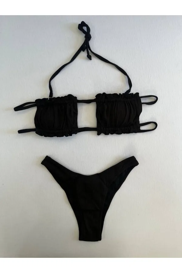 Women's Black String-Tied Gathered Strapless Bikini Set HZL25S-LC2226
