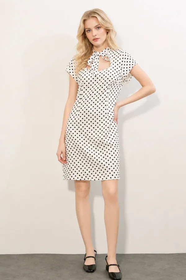 Women's Off-White Short Polka Dot Dress with Bow Detail HZL26S-BD126051 Women's Off-White Short Polka Dot Dress with Bow Detail HZL26S-BD126051