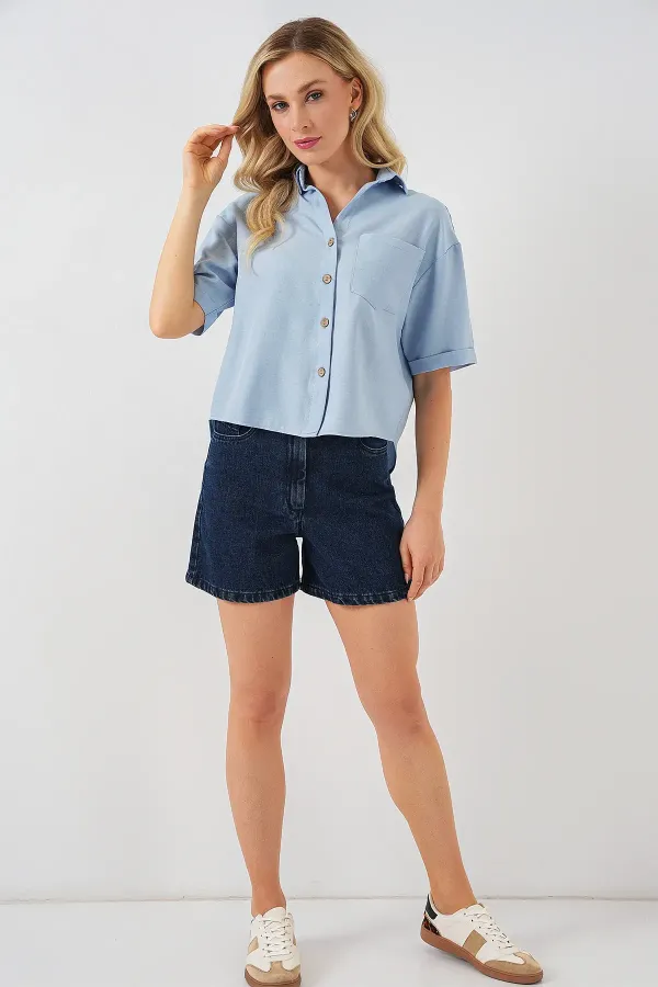 Women's Linen-Look Crop Shirt 20339 - Blue