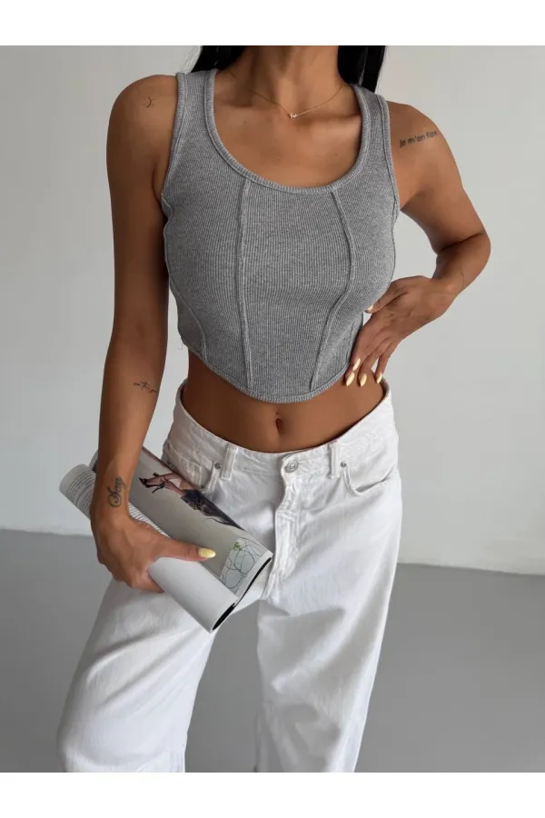 Chemisier court côtelé gris pour femme HZL25S-FRY123171